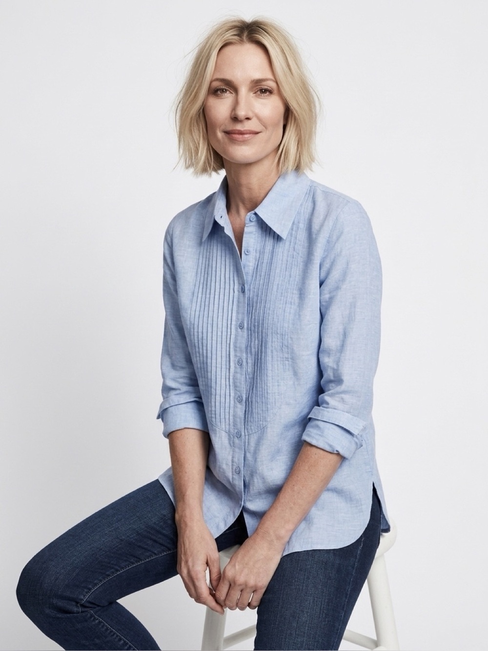 CAbi Light Blue Chambray Button-Front Pleated Pintuck Long Sleeve Blouse